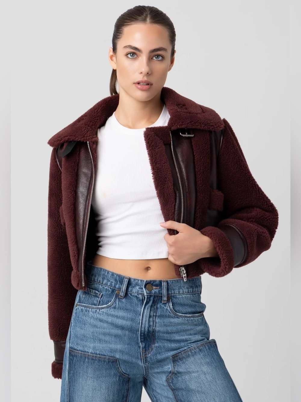 BLANKNYC Cropped Faux Shearling Moto Jacket